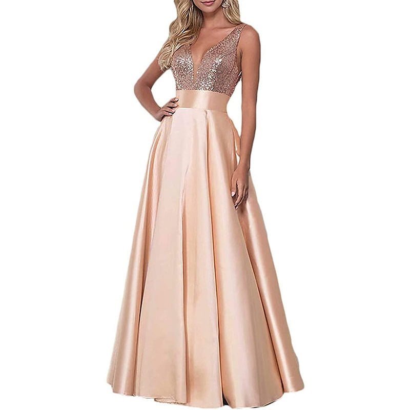 "Elegant sequin and satin ball gown with plunging V-neckline and flowing skirt"