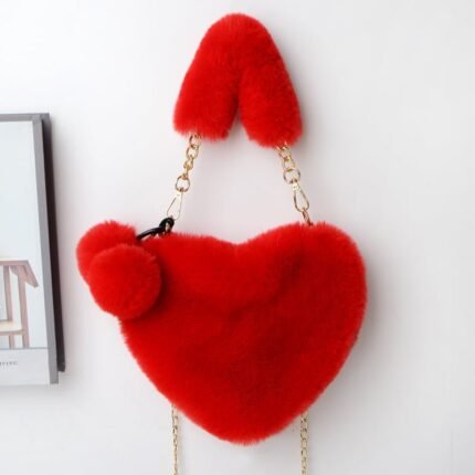 Faux Fur Heart-Shaped Handbag with Gold Chain Strap - Red