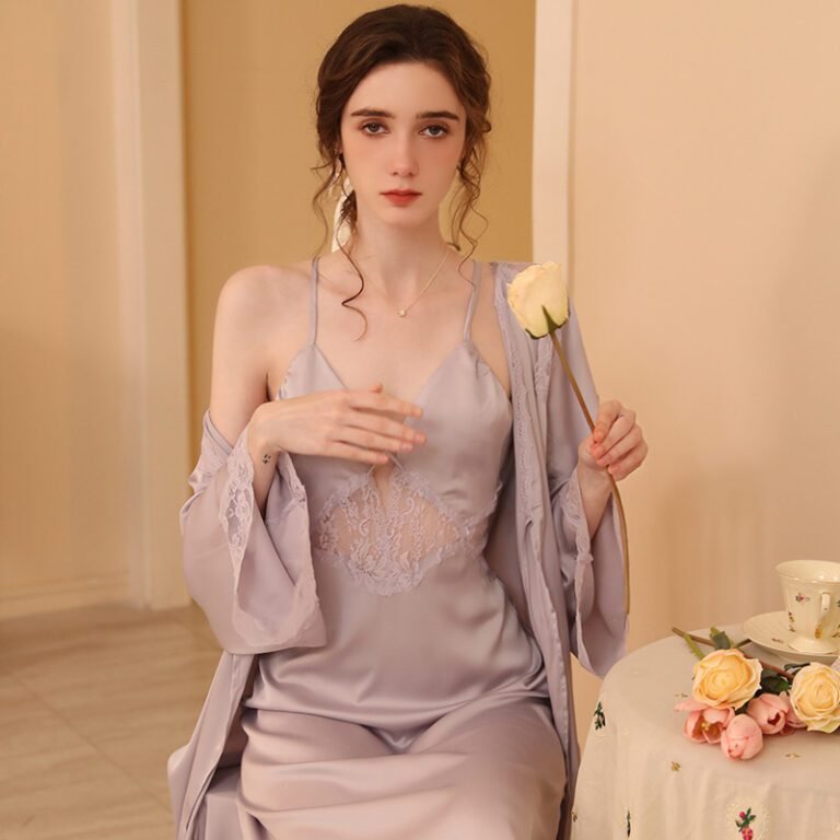 "Luxury satin nightgown and robe set with lace detailing for an elegant loungewear look"