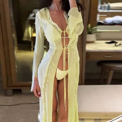 Sheer Tie-Front Long Cover-Up