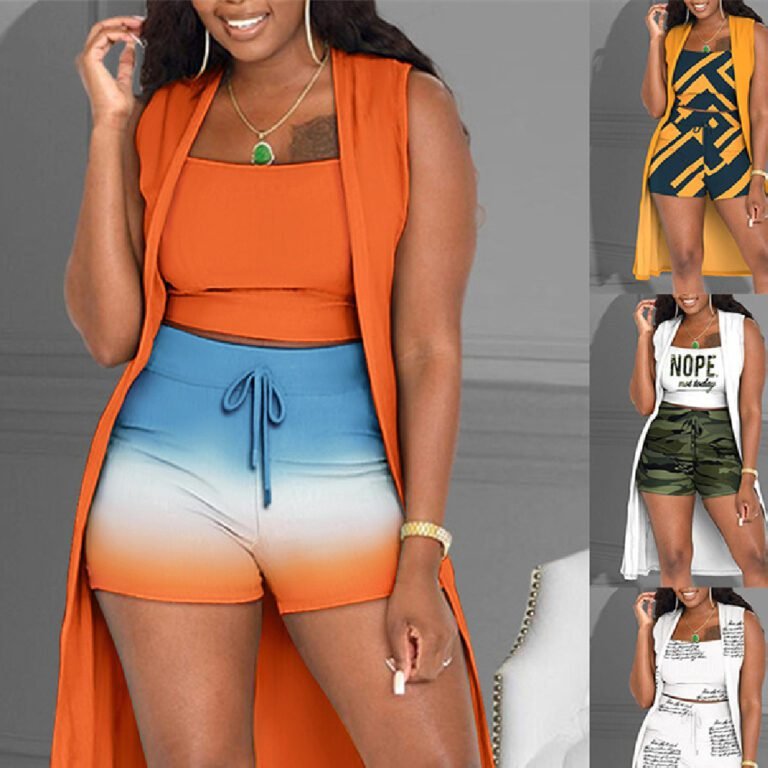 "3-piece casual set featuring a tank top, drawstring shorts, and matching long cardigan"