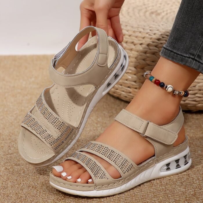 "Rhinestone platform sandals with adjustable Velcro straps and cushioned sole"