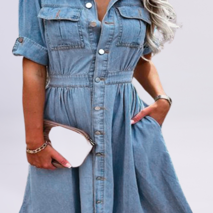 "Classic button-up denim midi dress with collared neckline and cinched waist"