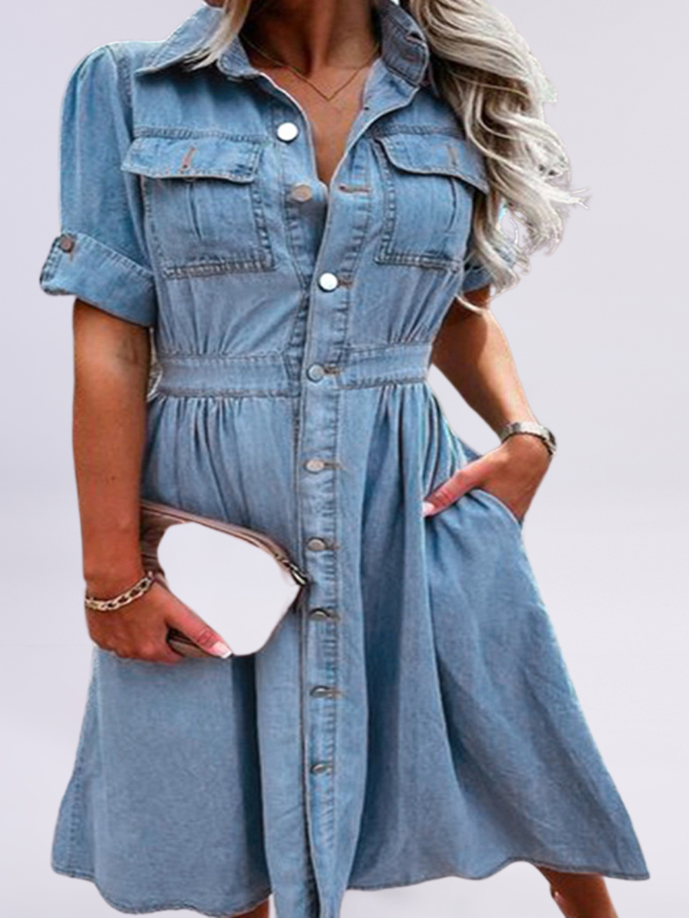 "Classic button-up denim midi dress with collared neckline and cinched waist"