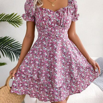 Florence Puff-Sleeve Floral Midi Dress in Blush Pink, Sage Green, and Powder Blue