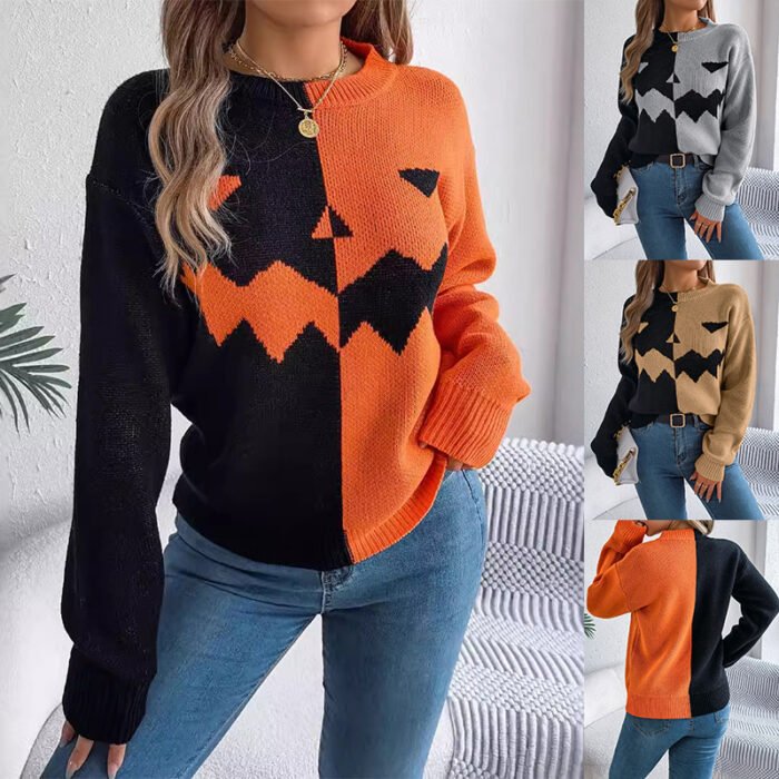 Woman wearing a two-tone black and orange knit sweater with a jack-o'- lantern face, perfect for Halloween and autumn.