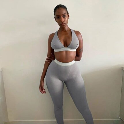 "Gray ribbed seamless two-piece set with bralette and high-waisted leggings"