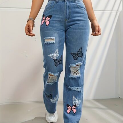 Butterfly Drift Distressed Embroidered - Blue, 2XL