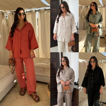 "Two-piece linen button-up shirt and pants set in neutral tones"