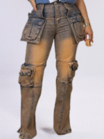 Woman wearing Bold Utility Pocket Denim Pants in light blue, showcasing oversized pockets and straight-leg style