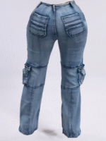 Woman wearing Bold Utility Pocket Denim Pants in light blue, showcasing oversized pockets and straight-leg style