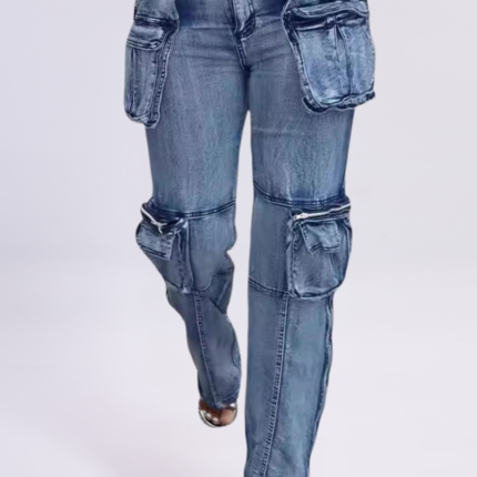 Woman wearing Bold Utility Pocket Denim Pants in light blue, showcasing oversized pockets and straight-leg style