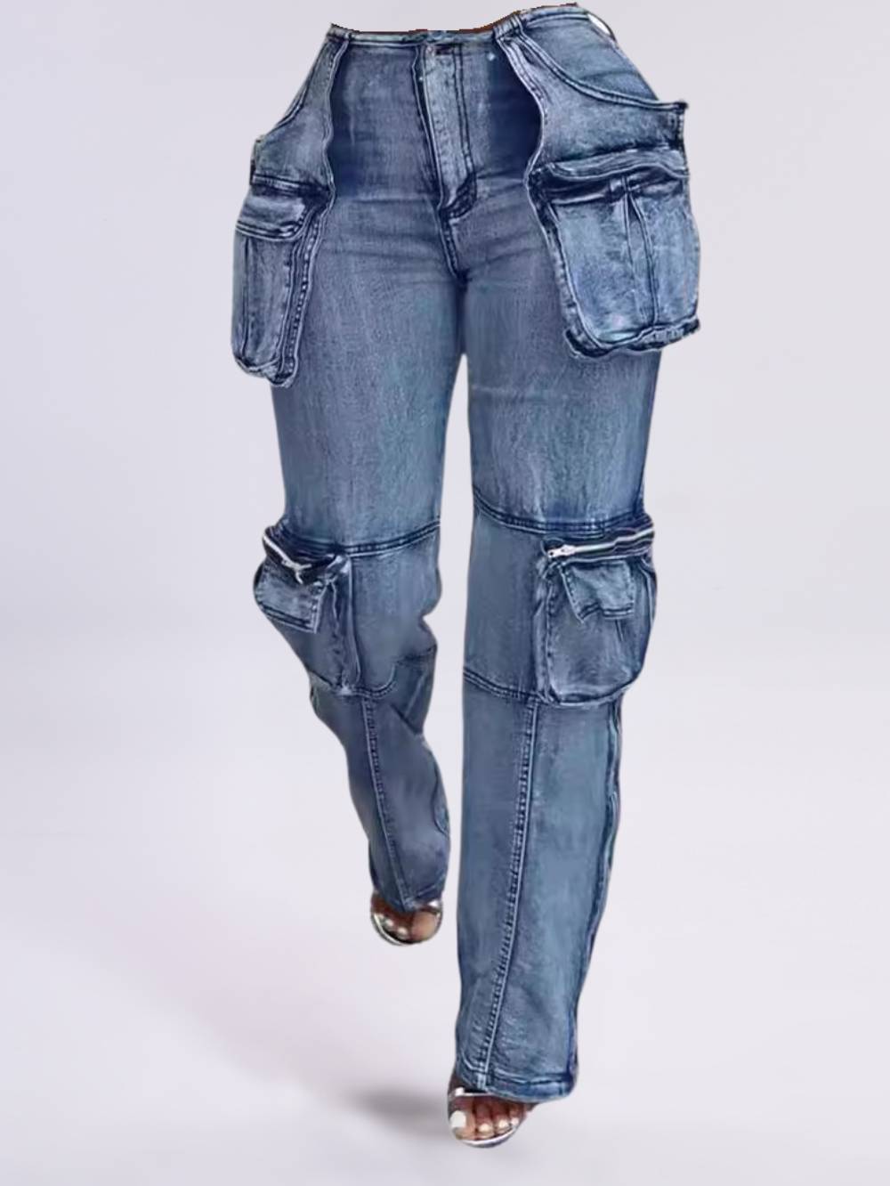 Woman wearing Bold Utility Pocket Denim Pants in light blue, showcasing oversized pockets and straight-leg style