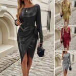 A metallic wrap midi dress with long sleeves, shown in black, gold, red, and silver