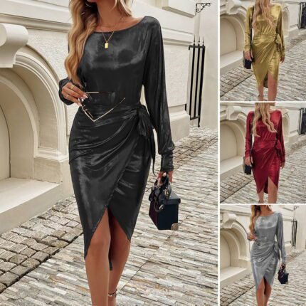 A metallic wrap midi dress with long sleeves, shown in black, gold, red, and silver