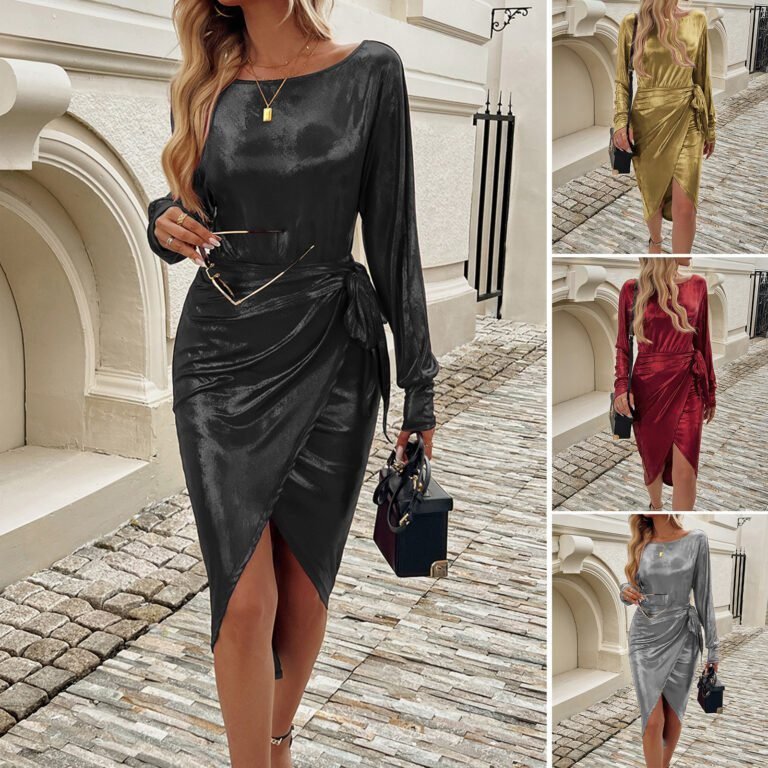 A metallic wrap midi dress with long sleeves, shown in black, gold, red, and silver
