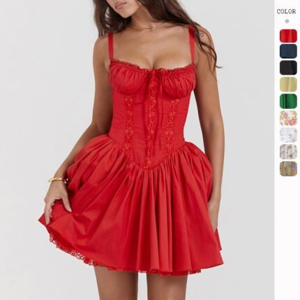 Corset-Inspired Lace Trim Mini Dress