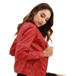 Sleek PU leather jacket with a stand-up collar, zippered pockets, and three-dimensional decorative elements, available in various colors.