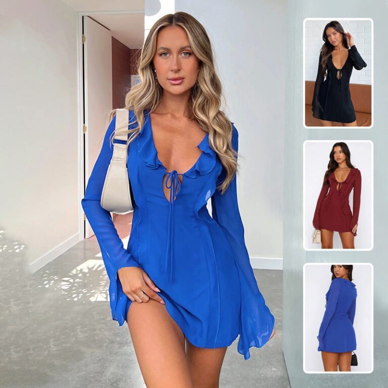 "Flowy ruffle tie-front mini dress in royal blue with flared sleeves"