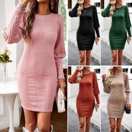 "Knit bodycon sweater dress with balloon sleeves in blush pink and other colors"