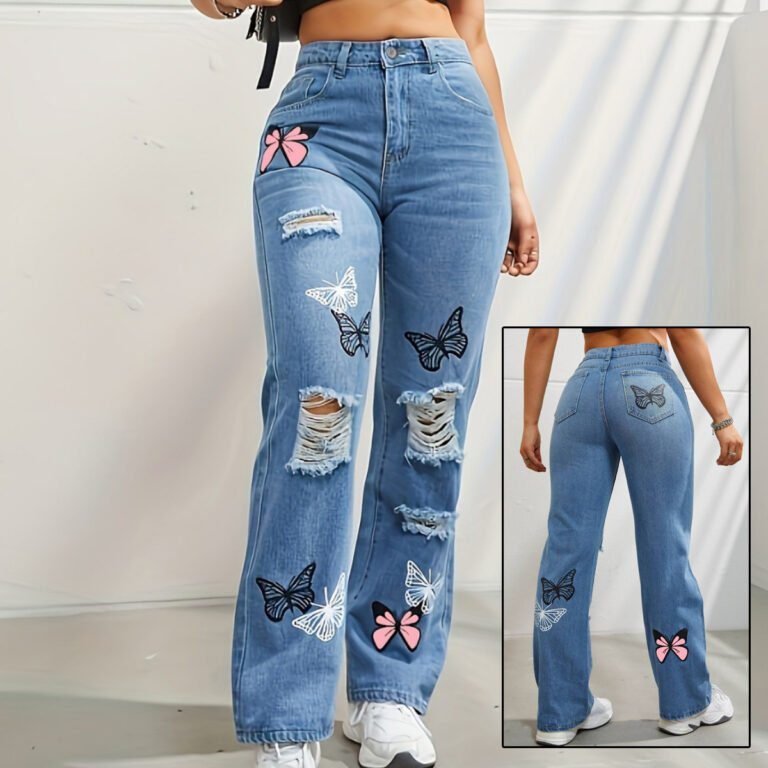 Front and back view of high-rise distressed jeans with butterfly embroidery