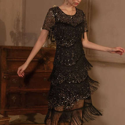 Woman wearing a vintage-inspired fringe and sequin midi dress in black-gold, standing in an elegant setting.