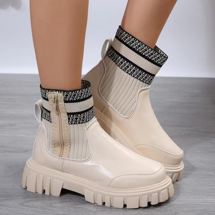 Chunky sole knit ankle boots in beige, brown, and black with ribbed knit cuff detailing.