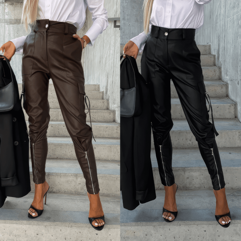 High-waisted faux leather cargo pants with ankle zippers and side drawstring pocket detail in black and brown.