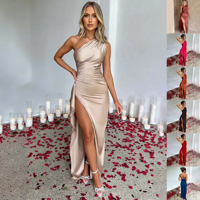 "One-shoulder satin evening gown in champagne with thigh-high slit." "Sage green satin gown with sleek one-shoulder design and dramatic slit."