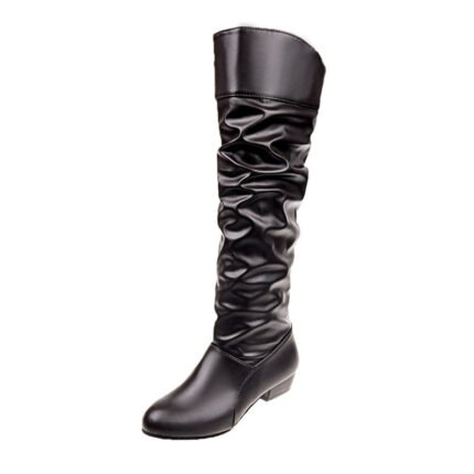 Classic slouchy faux leather knee-high boots in black with a flat sole and relaxed design.