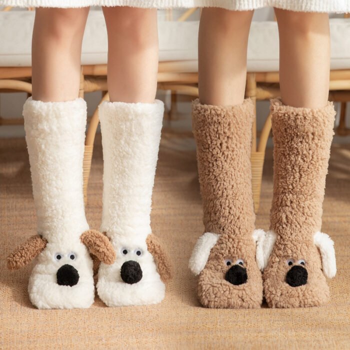 Knee-high dog-themed plush slippers in black with floppy ears