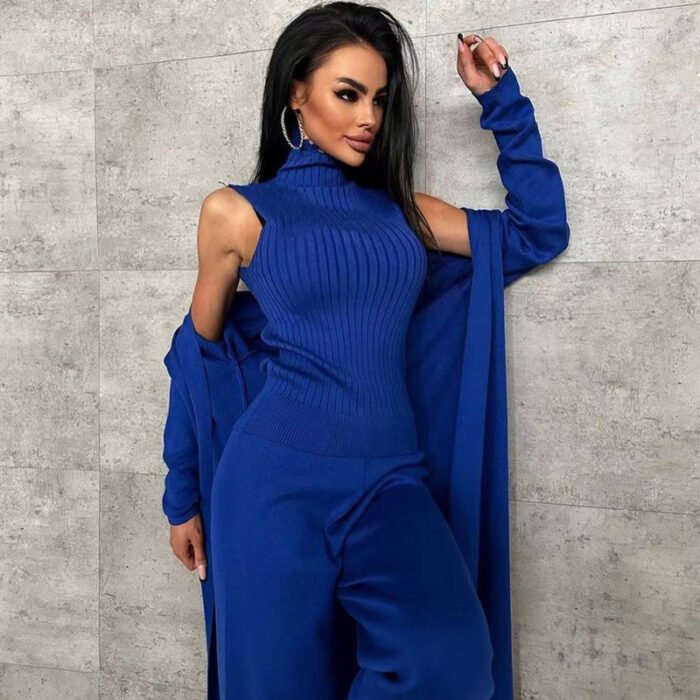 3-piece lounge set featuring a long cardigan, ribbed turtleneck top, and wide-leg pants in royal blue and beige.