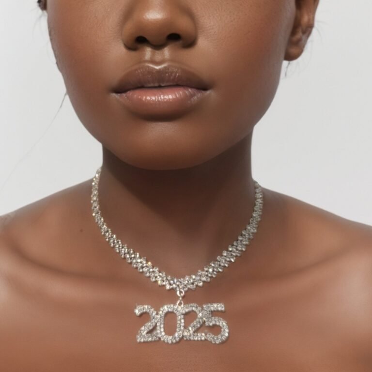 "Silver rhinestone choker with 2025 pendant." "Elegant butterfly rhinestone pendant choker necklace."
