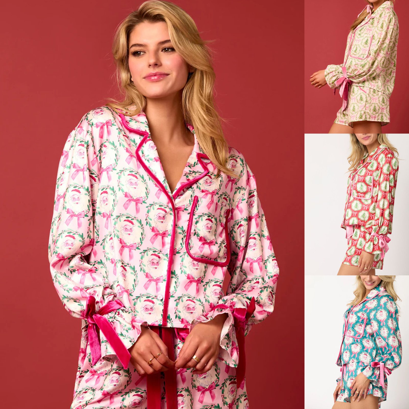 Model wearing Holiday Cheer Satin Pajama Set featuring festive Santa wreath prints, velvet tie details, and contrast piping in multiple color options.