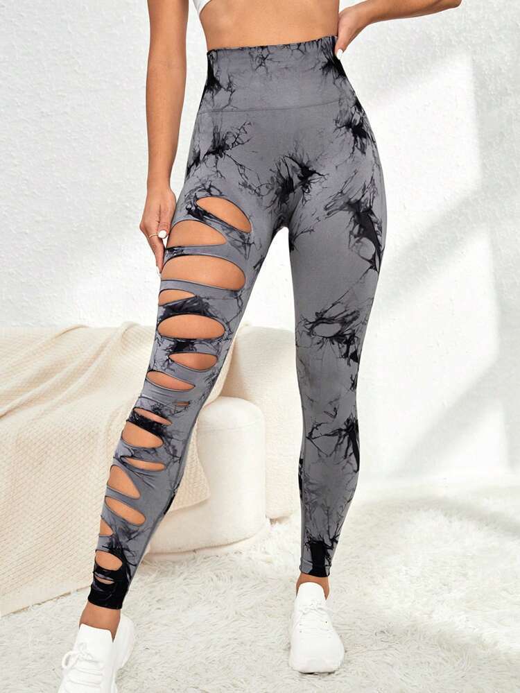 レッグウェア grey ripped lace leggings High-Waisted Tie-Dye Ripped Leggings