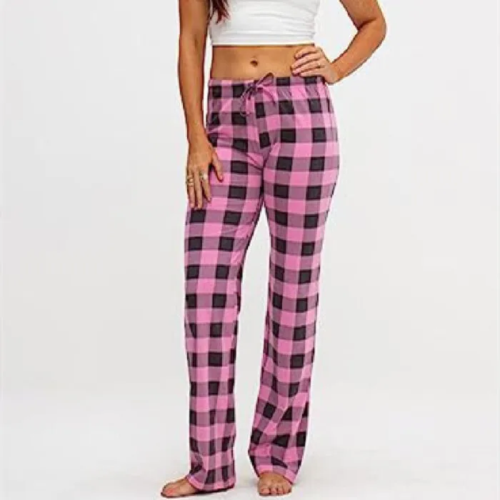 "Black-and-white plaid lounge pants with elastic waistband and drawstring."