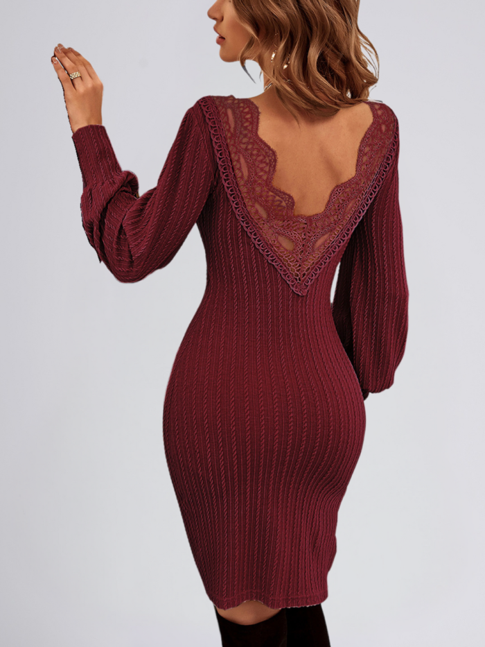 Woman wearing a knitted backless sweater dress with lace detailing and high waist