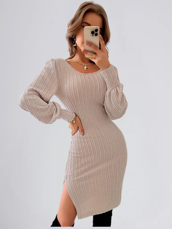 Woman wearing a knitted backless sweater dress with lace detailing and high waist