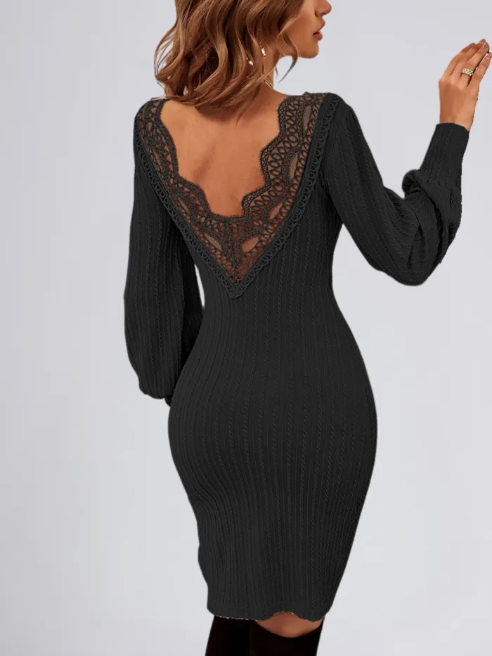 Woman wearing a knitted backless sweater dress with lace detailing and high waist