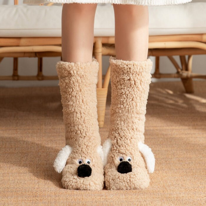 Knee-high dog-themed plush slippers in black with floppy ears