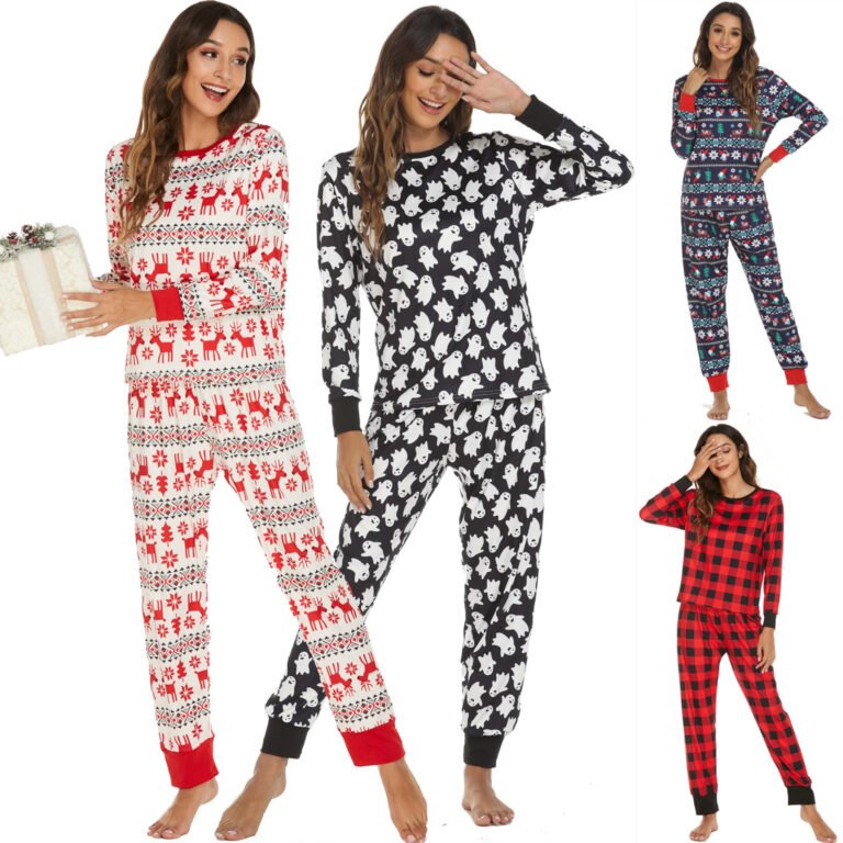 "Festive holiday print pajama set with red plaid design, Nordic snowflakes, and playful penguins."