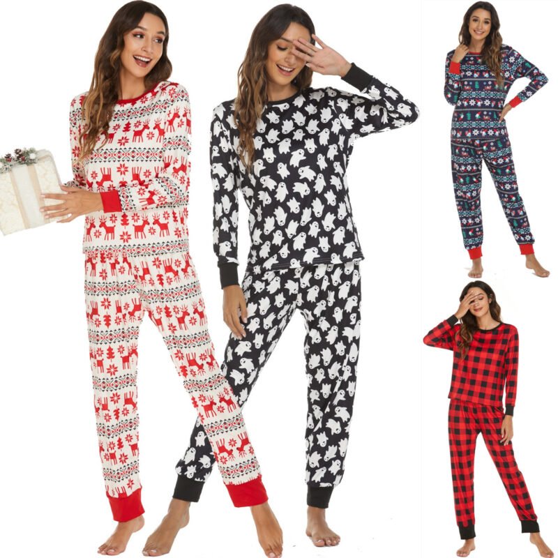 "Festive holiday print pajama set with red plaid design, Nordic snowflakes, and playful penguins."
