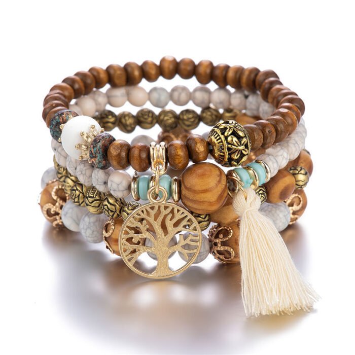 "Boho beaded bracelet set with tassels and Tree of Life charm."