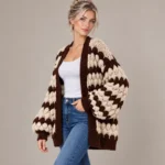 Chunky Knit Chevron Cardigan Apricot-With-Brown
