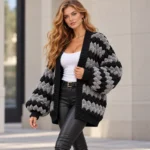 Chunky Knit Chevron Cardigan Black-With-Gray