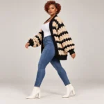 Chunky Knit Chevron Cardigan Black-With-Apricot