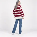 Chunky Knit Chevron Cardigan Wine-Red-With-White
