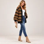 Chunky Knit Chevron Cardigan Brown-With-Black
