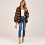 Chunky Knit Chevron Cardigan Brown-With-Black