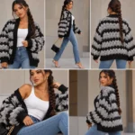 Chunky Knit Chevron Cardigan Black-With-Gray